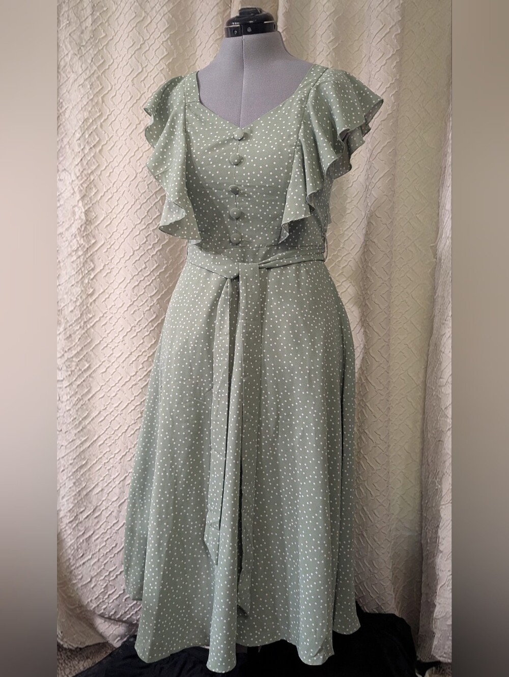 JJs House Sage Green Polka Dot Ruffle Midi Dress. Size Medium
